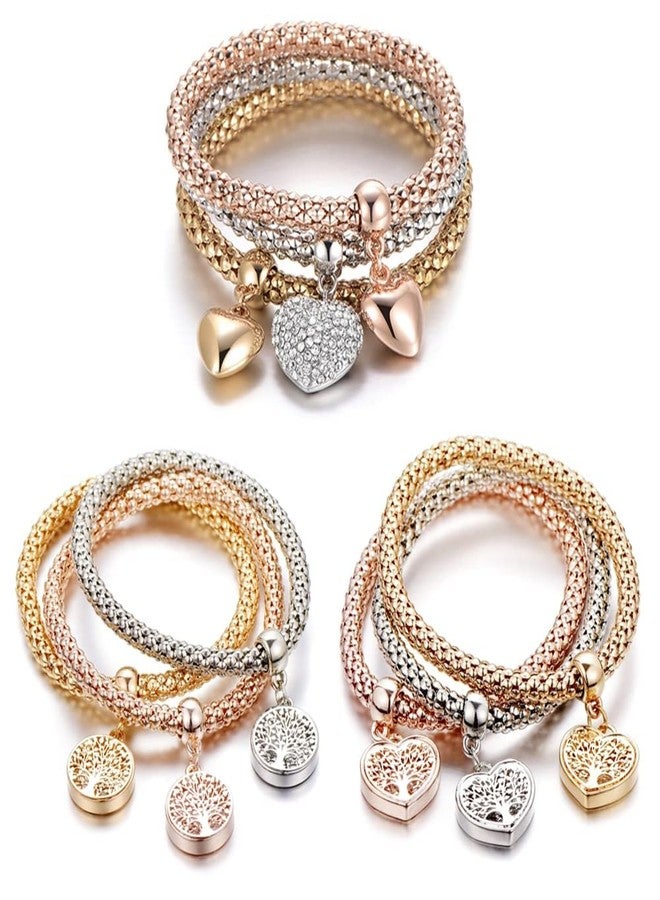 SILANER Crystal Charms Multilayer Bracelets - 3PCS Gold/Silver/Rose Gold Corn Chain Bracelet for Women, Tree of Life Heart Shaped Stretch Bracelet, 7.5 inches, Copper, crystal - Image 1