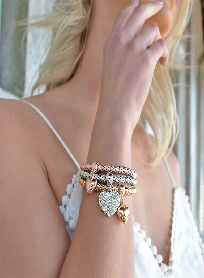SILANER Crystal Charms Multilayer Bracelets - 3PCS Gold/Silver/Rose Gold Corn Chain Bracelet for Women, Tree of Life Heart Shaped Stretch Bracelet, 7.5 inches, Copper, crystal - Image 3