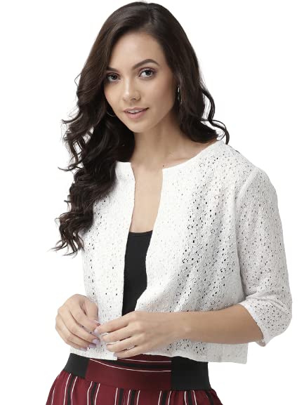 Style Quotient Women Off White Self Design Floral lace Regular Open Front Shrug - Image 1