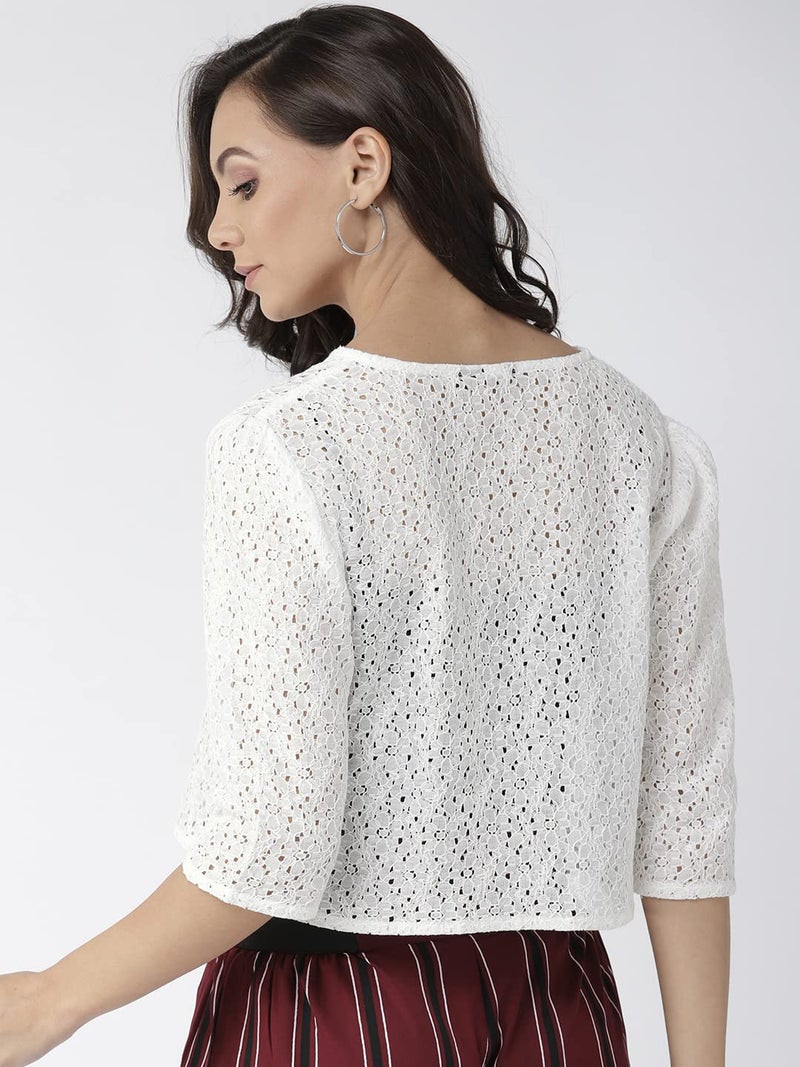 Style Quotient Women Off White Self Design Floral lace Regular Open Front Shrug - Image 4