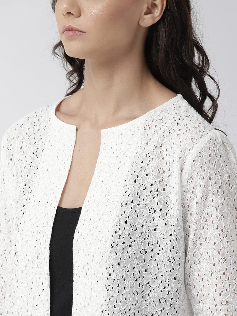 Style Quotient Women Off White Self Design Floral lace Regular Open Front Shrug - Image 2