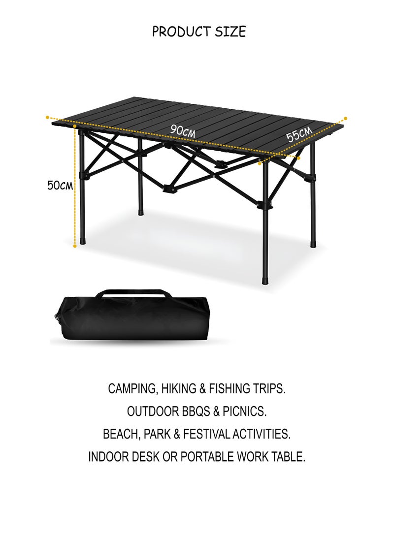 DBLEW طاولة تخييم قابلة للطي في الهواء الطلق 90×55×50 سم – سطح طاولة قابل لللف من سبائك الألمنيوم مقاوم للماء، مقاوم للحرارة والبقع، معززة بإطار X، تجميع سريع مع حقيبة حمل – للاستخدام في النزهات، الشواء، المشي، الصيد والاستخدام الداخلي - Image 3