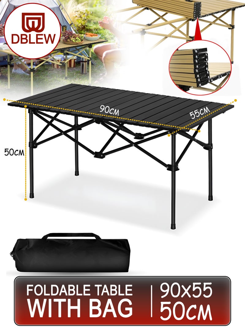 DBLEW طاولة تخييم قابلة للطي في الهواء الطلق 90×55×50 سم – سطح طاولة قابل لللف من سبائك الألمنيوم مقاوم للماء، مقاوم للحرارة والبقع، معززة بإطار X، تجميع سريع مع حقيبة حمل – للاستخدام في النزهات، الشواء، المشي، الصيد والاستخدام الداخلي - Image 1