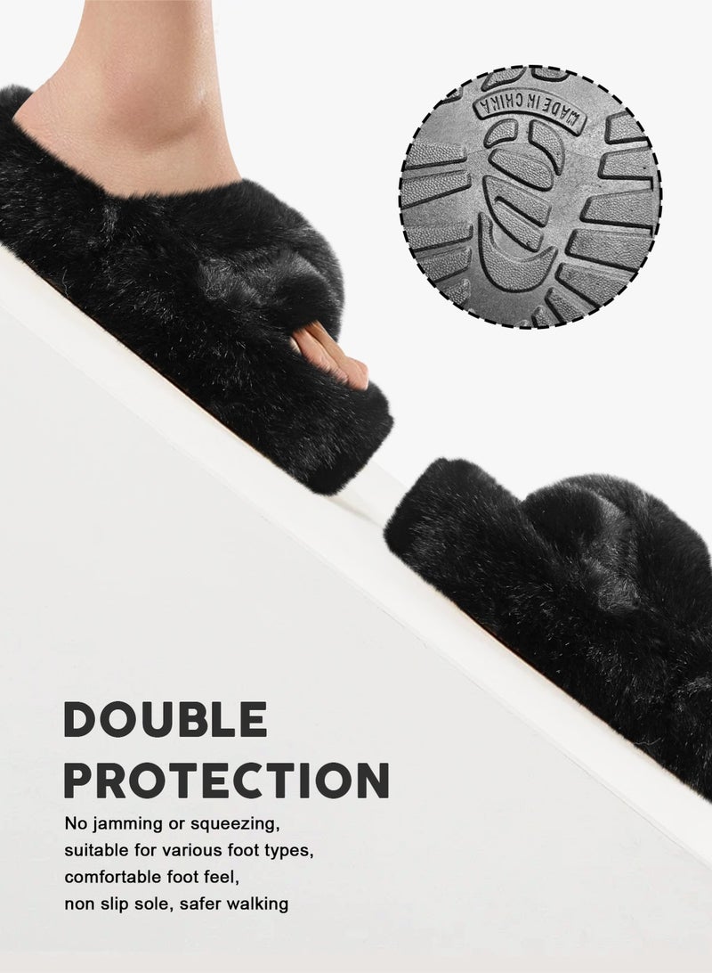 HomarKet Women's Fluffy Slippers Solid Color Platform Slippers - Casual Winter Shoes Slippers, Stylish Cross Band Fluffy Slippers, Comfortable Indoor House Slip Ons Slippers - Plush Fleece Lining,Anti-Slide Open Toe House Slippers- Perfect Gift for Family and Friends,Black - Image 5