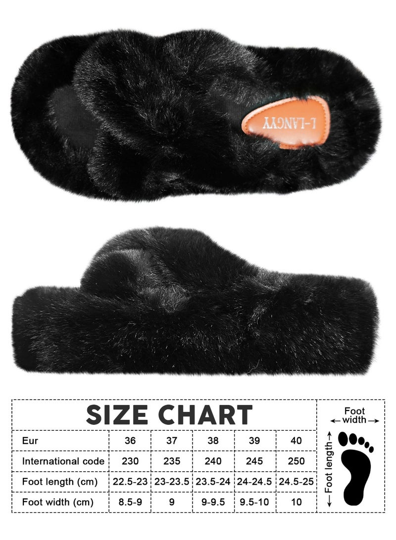HomarKet Women's Fluffy Slippers Solid Color Platform Slippers - Casual Winter Shoes Slippers, Stylish Cross Band Fluffy Slippers, Comfortable Indoor House Slip Ons Slippers - Plush Fleece Lining,Anti-Slide Open Toe House Slippers- Perfect Gift for Family and Friends,Black - Image 4