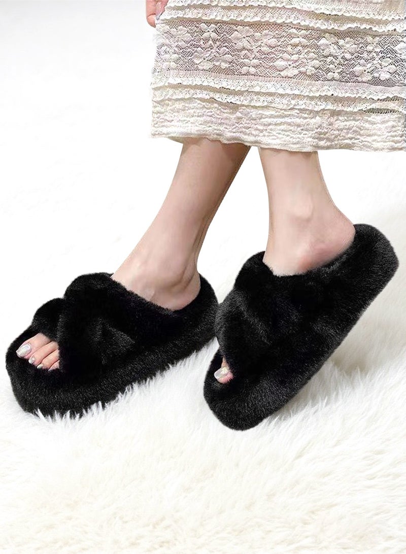 HomarKet Women's Fluffy Slippers Solid Color Platform Slippers - Casual Winter Shoes Slippers, Stylish Cross Band Fluffy Slippers, Comfortable Indoor House Slip Ons Slippers - Plush Fleece Lining,Anti-Slide Open Toe House Slippers- Perfect Gift for Family and Friends,Black - Image 2