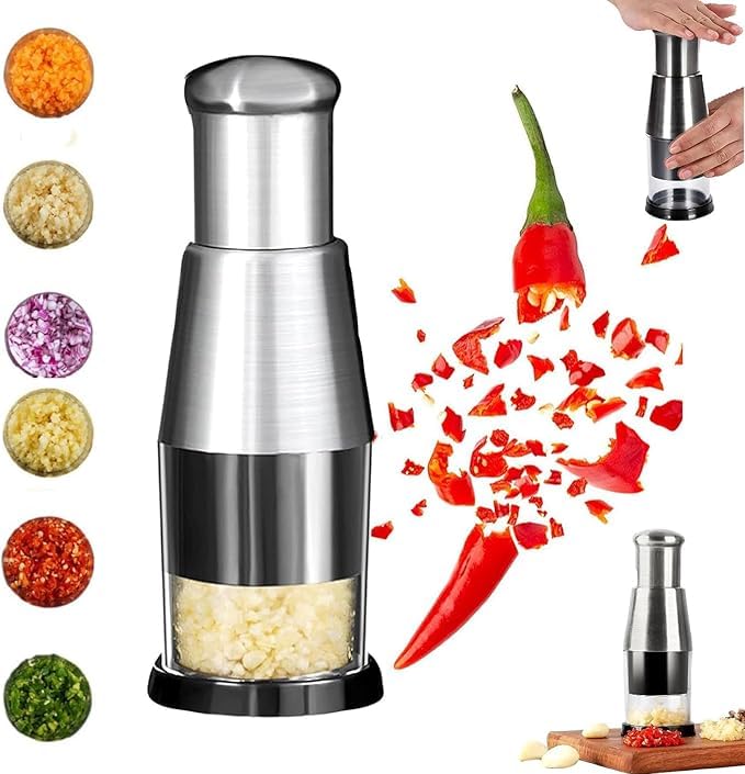 Calyrex Manual Pressed Chopper Hand Food Chopper 304 Stainless Steel Pressed Garlic Chopper Multifunctional Manual Garlic Press for Mincing Garlic Onion Potato Peppers Universal Silver - Image 1