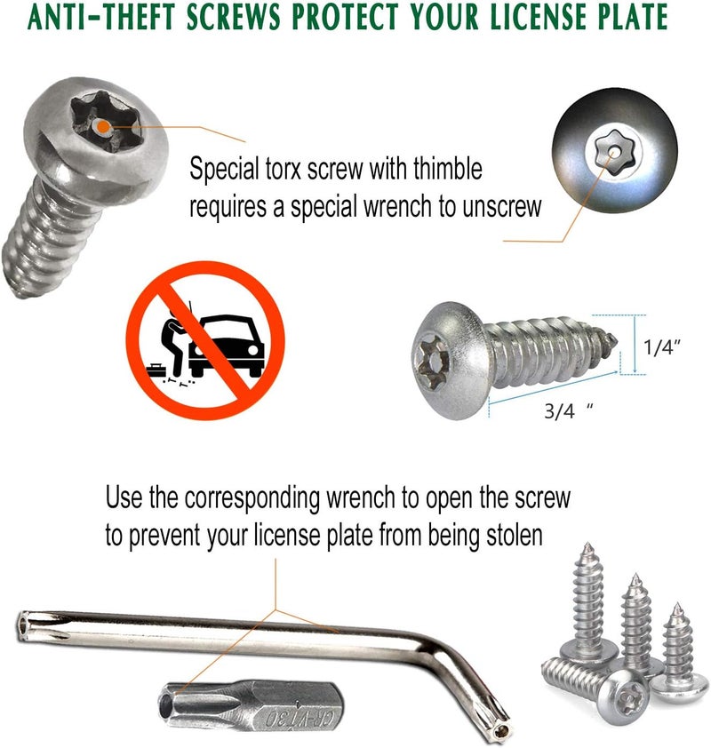 BGGTMO License Plate Screws Anti Theft -Stainless Steel Tamper Resistant Locking Front or Rear Car Tag Frames Bolts Set,1/4 Metric M6 Security Rust Proof Self-Tapping Screws,Fasteners Nut,Chrome Caps - Image 3