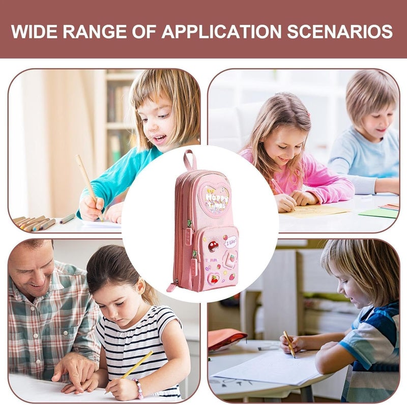 Royals hub Canvas Pencil Case 3 Compartment Cute Pencil Case Aesthetic for Girls Large Capacity Pen Pencil Pouch Multifunctional Stationery Organizer for School Office, Cosmetic Zip Pouch Bag, Pink - Image 4