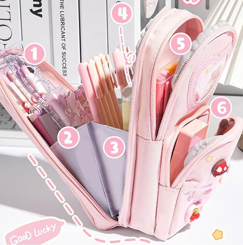 Royals hub Canvas Pencil Case 3 Compartment Cute Pencil Case Aesthetic for Girls Large Capacity Pen Pencil Pouch Multifunctional Stationery Organizer for School Office, Cosmetic Zip Pouch Bag, Pink - Image 5