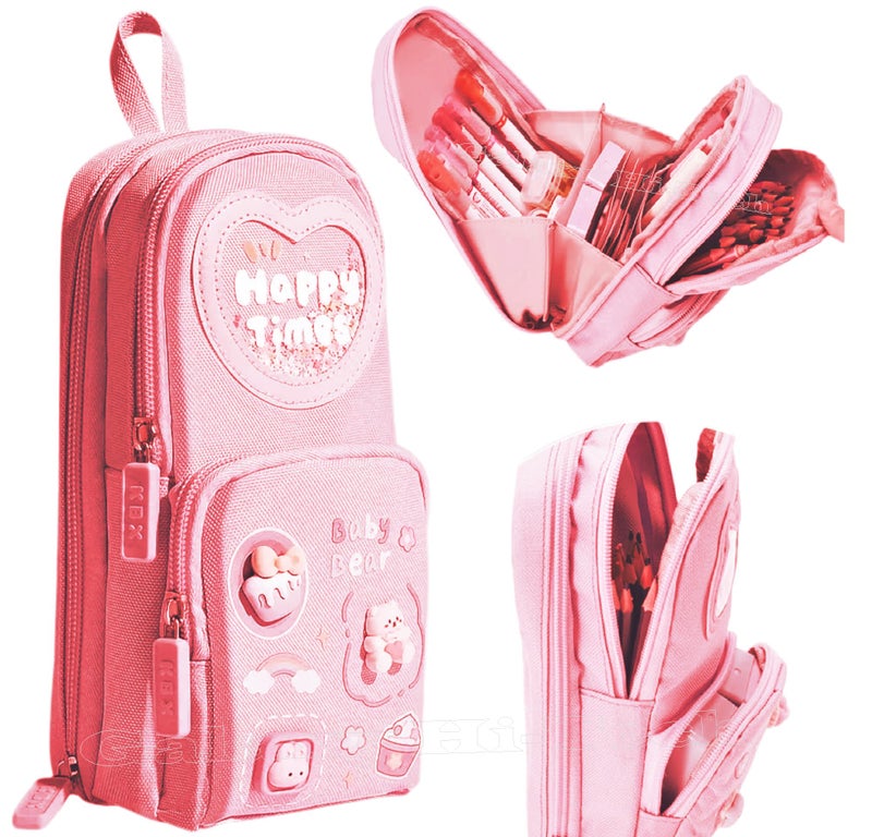 Royals hub Canvas Pencil Case 3 Compartment Cute Pencil Case Aesthetic for Girls Large Capacity Pen Pencil Pouch Multifunctional Stationery Organizer for School Office, Cosmetic Zip Pouch Bag, Pink - Image 1