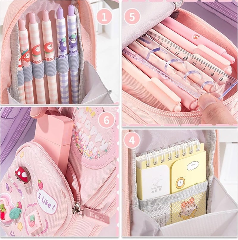 Royals hub Canvas Pencil Case 3 Compartment Cute Pencil Case Aesthetic for Girls Large Capacity Pen Pencil Pouch Multifunctional Stationery Organizer for School Office, Cosmetic Zip Pouch Bag, Pink - Image 2