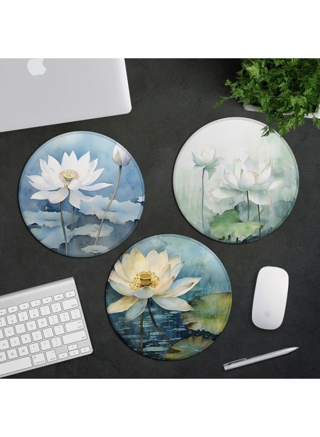Watercolor Lotus Round Portable Laptop Creative Mouse Pad Waterproof Thickened Lock Edge Non-slip Office Desk Mat Cute-Color:200x200mm-3mm-Pattern:Round Mouse Pad-watercolor Lotus 5  - Image 2