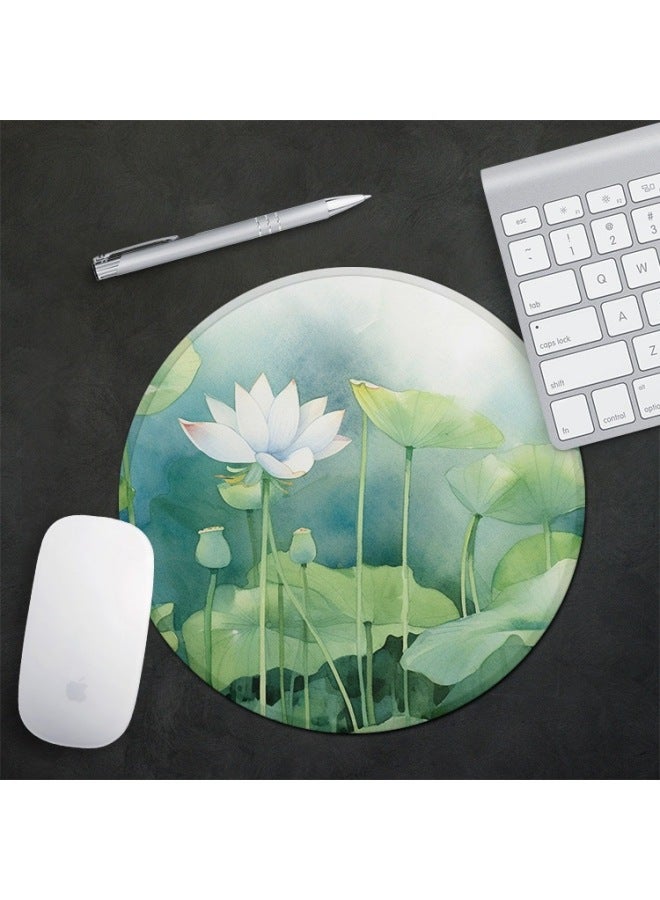 Watercolor Lotus Round Portable Laptop Creative Mouse Pad Waterproof Thickened Lock Edge Non-slip Office Desk Mat Cute-Color:200x200mm-3mm-Pattern:Round Mouse Pad-watercolor Lotus 5  - Image 1