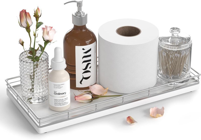 Focusonit Oak Bathroom Toilet Tank Tray, 13" Wood Back of Toilet Paper Basket Tank Topper Storage, Vanity Tray for Perfume Makeup Candle Toiletry Organizer for Kitchen Coffee Table Silver Tray Decor - Image 5