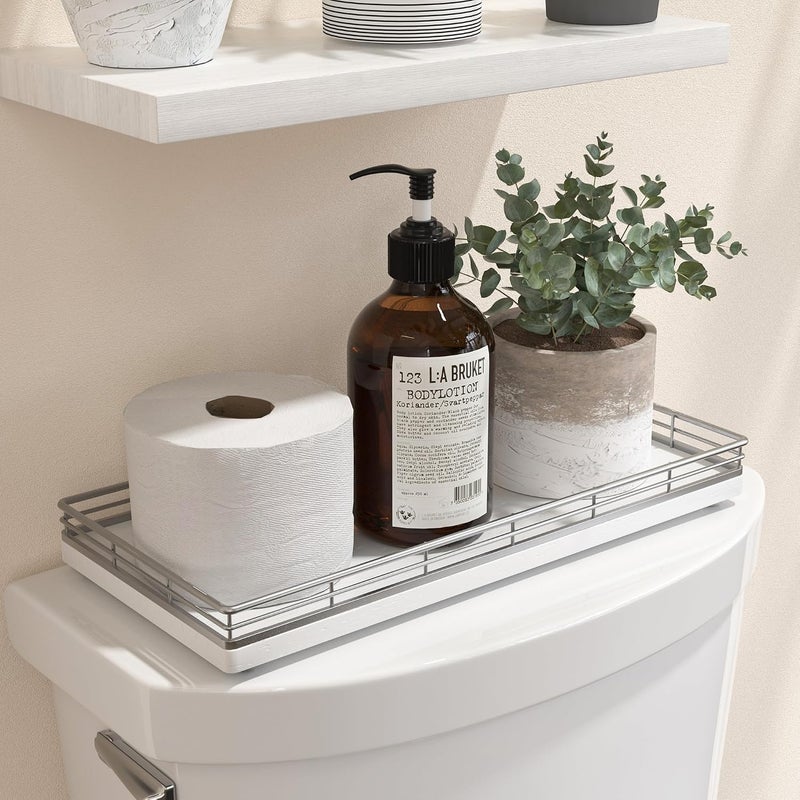 Focusonit Oak Bathroom Toilet Tank Tray, 13" Wood Back of Toilet Paper Basket Tank Topper Storage, Vanity Tray for Perfume Makeup Candle Toiletry Organizer for Kitchen Coffee Table Silver Tray Decor - Image 1