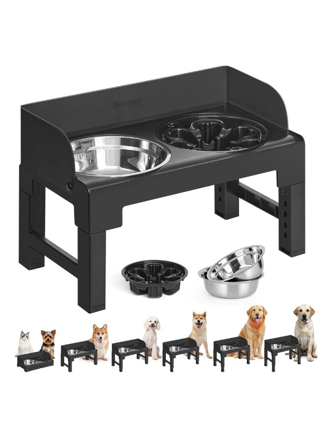 FEANDREA Raised Dog Bowl with Frame, Feeding Bowls, Height Adjustable and Tilting, Feeding Station, 2 Bowls Made of 304 Stainless Steel, 1 Bowl for Slow Eating, Ink Black - Image 1