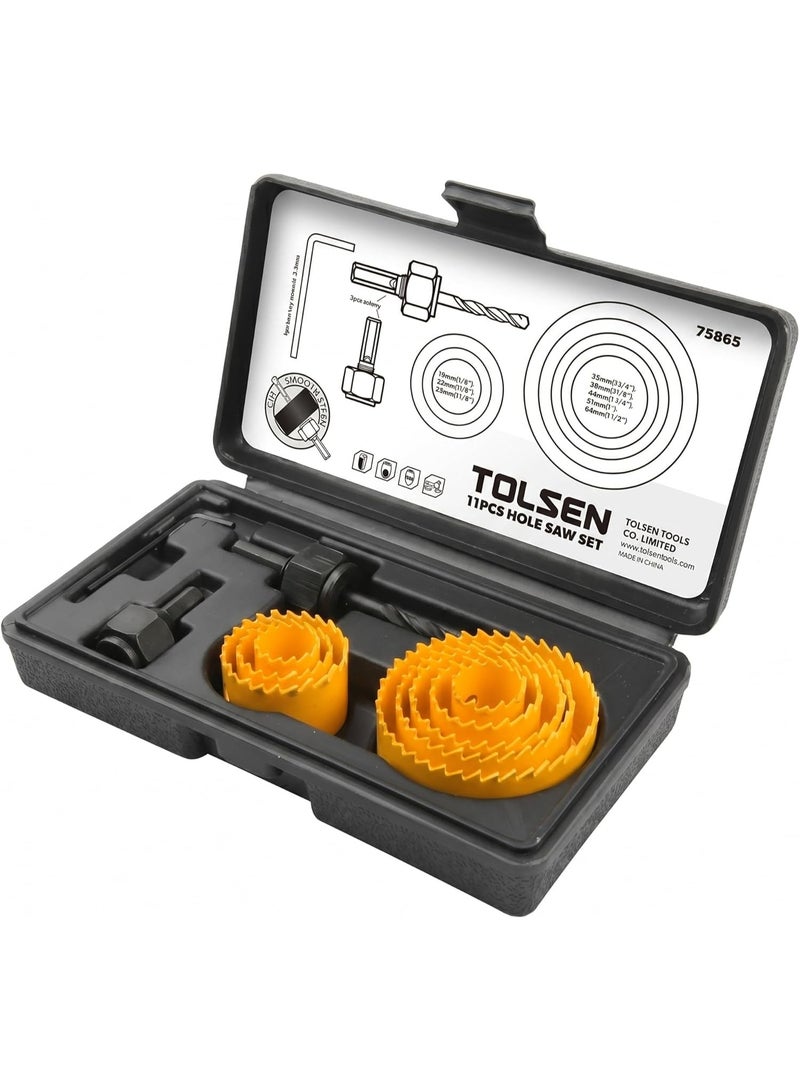 Tolsen 75865 11PCS Hole Saw Set – Carbon Steel Hole Cutter Kit 19-64mm with Arbors & Hex Key for Wood, Drywall and Plastic - Image 1