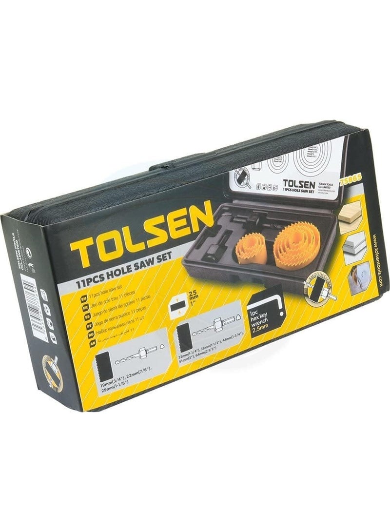 Tolsen 75865 11PCS Hole Saw Set – Carbon Steel Hole Cutter Kit 19-64mm with Arbors & Hex Key for Wood, Drywall and Plastic - Image 2