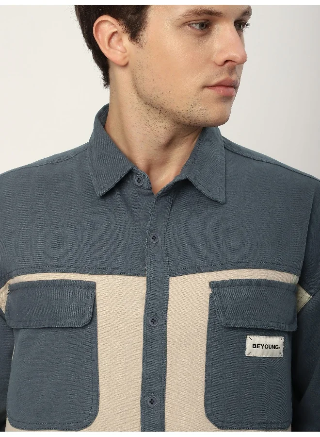 بيونغ Bluish Grey Dual Patch Color Block Shirt