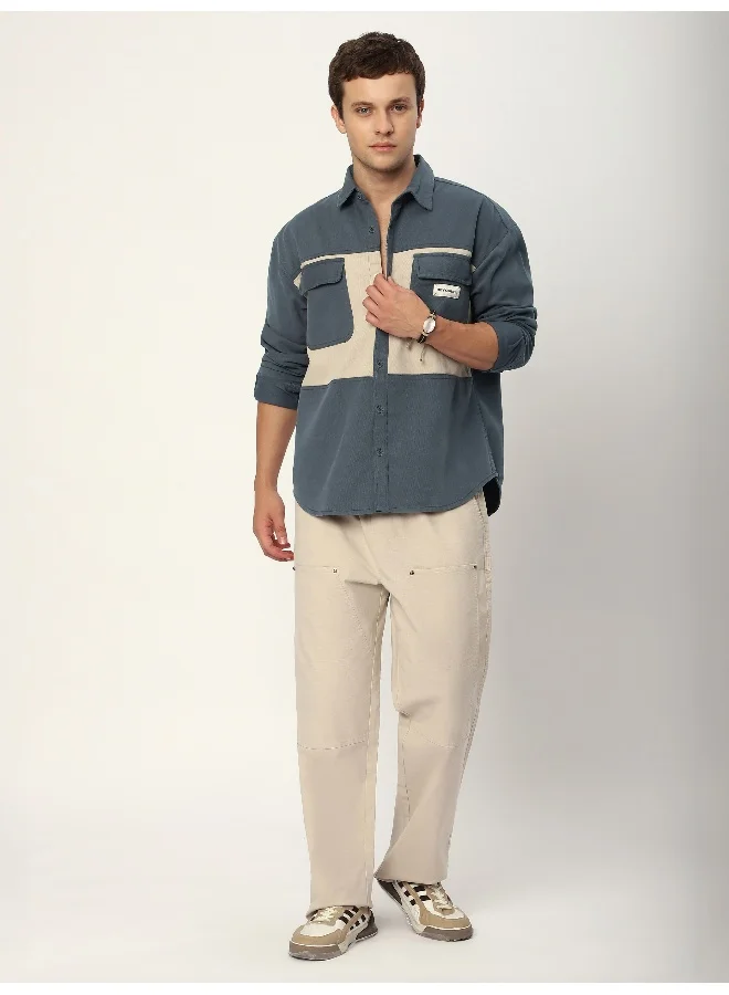بيونغ Bluish Grey Dual Patch Color Block Shirt