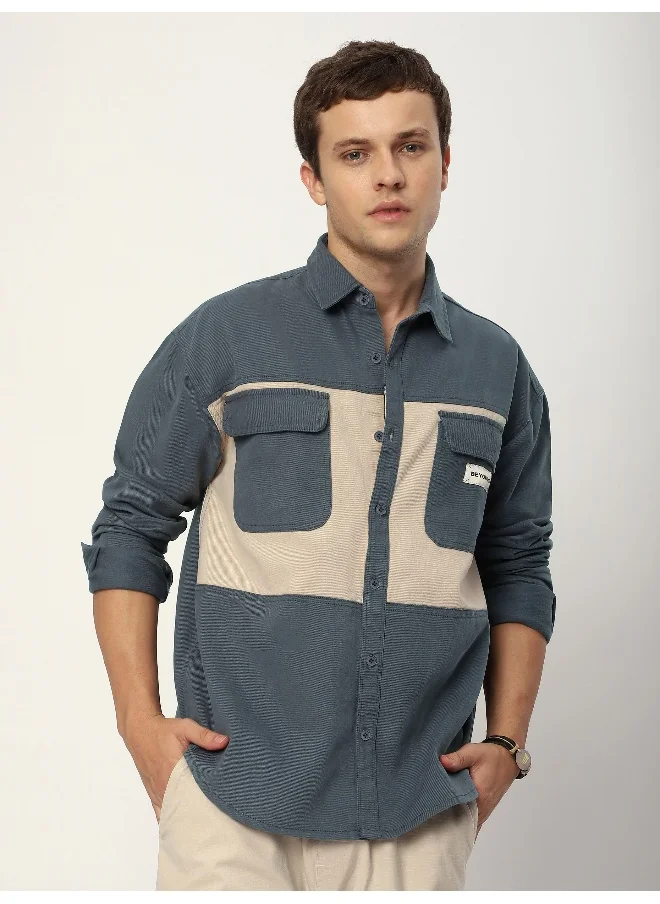 بيونغ Bluish Grey Dual Patch Color Block Shirt