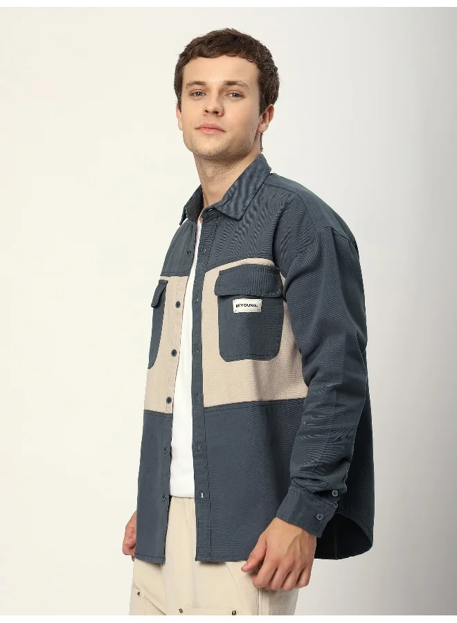 بيونغ Bluish Grey Dual Patch Color Block Shirt