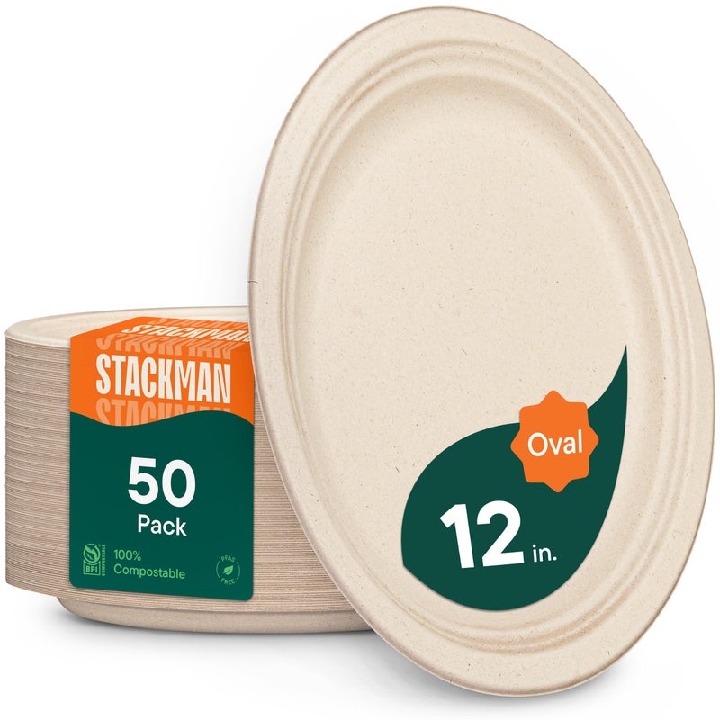 Stack Man 100% Compostable Oval Paper Plates [50-Pack] - {PFAS-Free} - {BPI Certified} - [12 Inch] Heavy Duty  Eco-Friendly  Biodegradable Bagasse Platters - Natural Brown 12"" Oval Platter Plates by Stack Man - Image 1