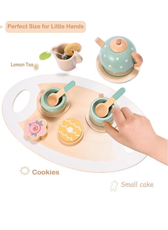 15Pcs Tea Party Toy Set Afternoon Tea Set Toy Wooden Pretend Play Toy Tea Set Learning Role Play Funny Dessert Food Kid Playset Interactive Simulation Teacup Toy for Toddler Girls Boys - Image 5
