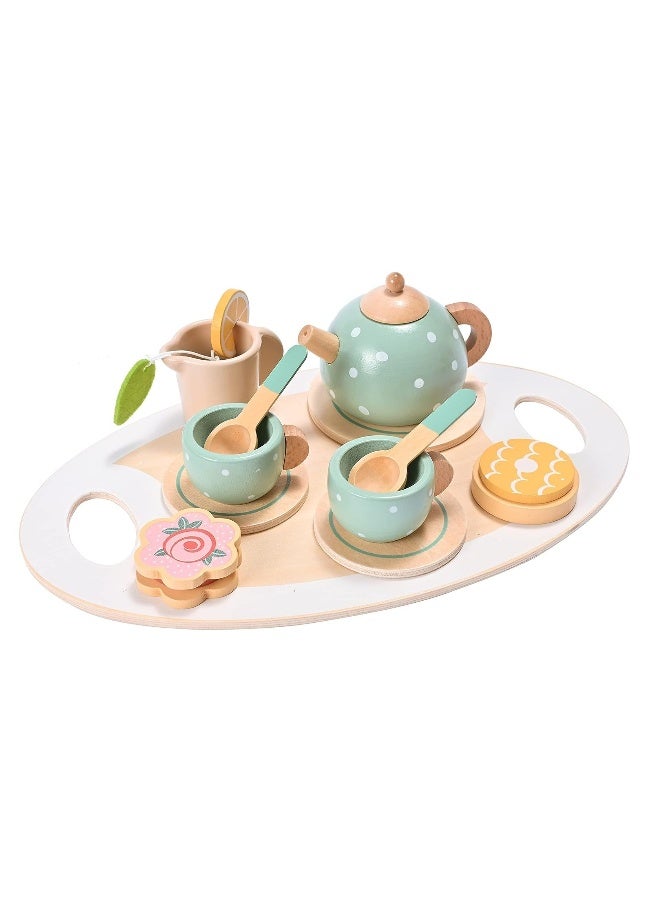 15Pcs Tea Party Toy Set Afternoon Tea Set Toy Wooden Pretend Play Toy Tea Set Learning Role Play Funny Dessert Food Kid Playset Interactive Simulation Teacup Toy for Toddler Girls Boys - Image 1