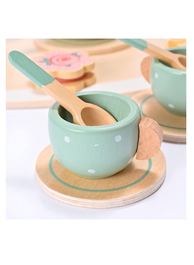 15Pcs Tea Party Toy Set Afternoon Tea Set Toy Wooden Pretend Play Toy Tea Set Learning Role Play Funny Dessert Food Kid Playset Interactive Simulation Teacup Toy for Toddler Girls Boys - Image 2