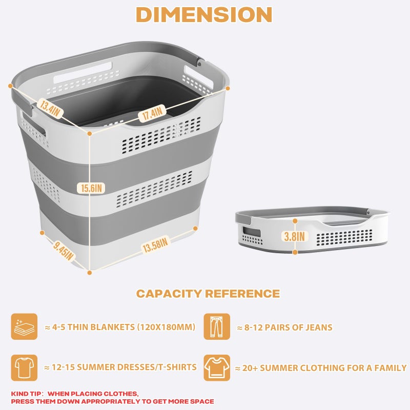 OOAMBB 43L+43L Collapsible Laundry Baskets plastic, Pop Up Laundry hamper/Storage Container, Foldable Laundry Basket with Handles, Durable,Space Saver (Grey, 2 Packs) - Image 5