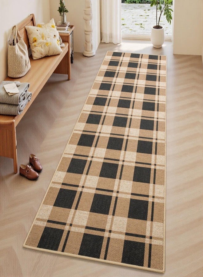 AROGAN سجادة ممر من الجوت بنقشة مربعات من أروجان، مناسبة للممرات، مقاس 2×6، قابلة للغسل، بتصميم ريفي طويل ونقوش هندسية، مناسبة للمداخل وغرف الغسيل، سجادة ترحيبية بطول 6 أقدام، باللونين الأسود والبني. - Image 3