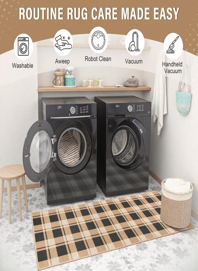 AROGAN سجادة ممر من الجوت بنقشة مربعات من أروجان، مناسبة للممرات، مقاس 2×6، قابلة للغسل، بتصميم ريفي طويل ونقوش هندسية، مناسبة للمداخل وغرف الغسيل، سجادة ترحيبية بطول 6 أقدام، باللونين الأسود والبني. - Image 4