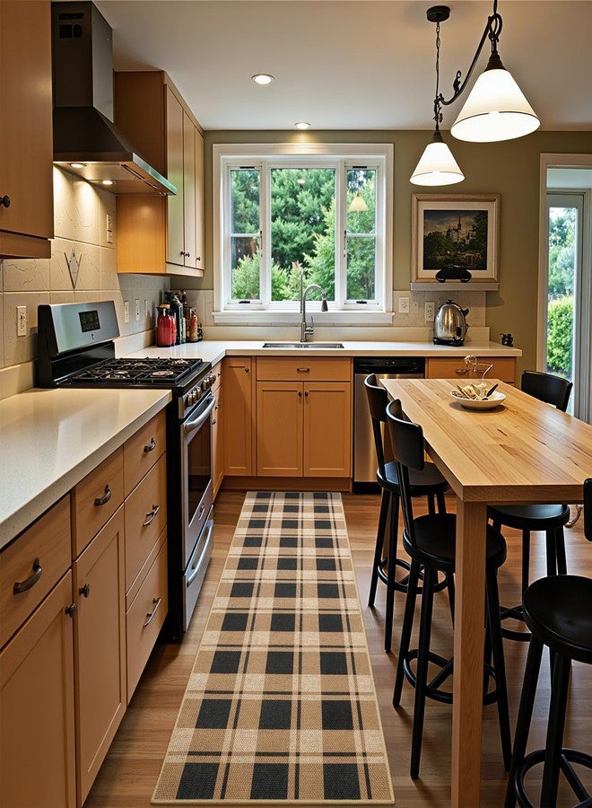 AROGAN سجادة ممر من الجوت بنقشة مربعات من أروجان، مناسبة للممرات، مقاس 2×6، قابلة للغسل، بتصميم ريفي طويل ونقوش هندسية، مناسبة للمداخل وغرف الغسيل، سجادة ترحيبية بطول 6 أقدام، باللونين الأسود والبني. - Image 2