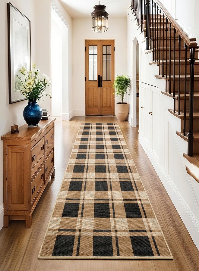AROGAN سجادة ممر من الجوت بنقشة مربعات من أروجان، مناسبة للممرات، مقاس 2×6، قابلة للغسل، بتصميم ريفي طويل ونقوش هندسية، مناسبة للمداخل وغرف الغسيل، سجادة ترحيبية بطول 6 أقدام، باللونين الأسود والبني. - Image 1