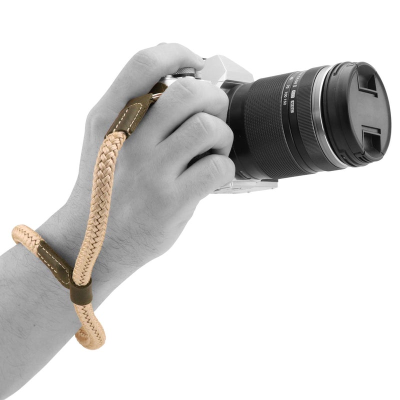 MegaGear Leather & Cotton Camera Wrist Strap - Secure Hand Grip, Adjustable Anti-Drop Hand Strap Compatible with Canon Nikon Sony DSLR SLR Cameras, Khaki Green - Image 1