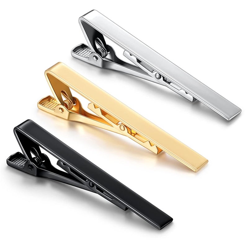 3 Pieces Tie Clip for Men, Classic Tie Clip Silver Gold Black Necktie Tie Bar Pinch Clip Suitable for Wedding Anniversary Business and Daily Life - Image 1