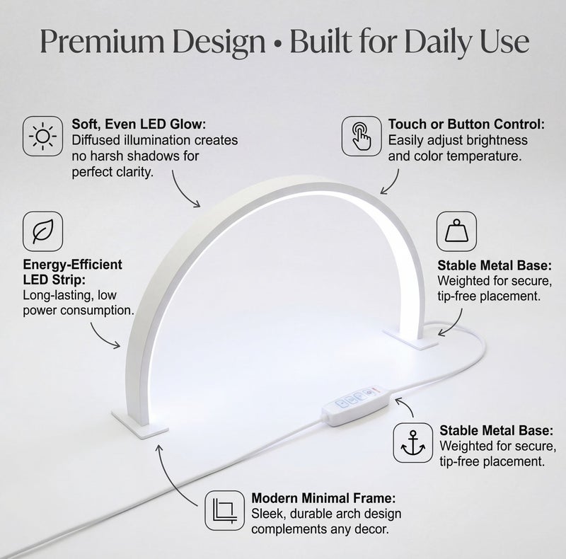 Circuit Green Salon 25W LED Half-Moon Desk Lamp 23" (55cm) – White Aluminium + PS Adjustable 3-Color Light 3000K/4500K/7000K for Nail, Lash, Tattoo, Spa & Beauty Workstations, USB Power - Image 5