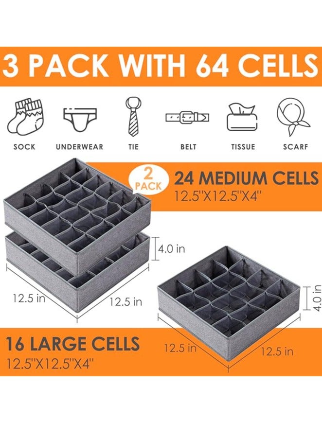 3 Pack Modern Drawer Organizers, 64 Cell Fabric Foldable Cabinet Closet Organizers and Storage Boxes for Storing Socks, Underwear, Ties (16+24+24 Cell, Grey) - Image 1