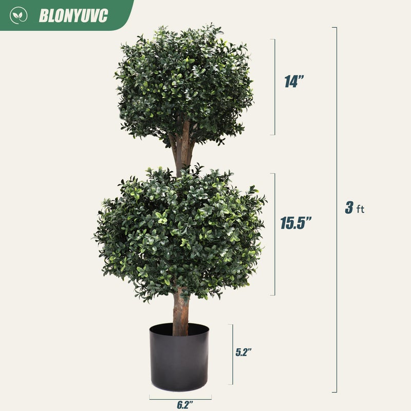 BLONYUVC 3Ft-35'' Artificial Boxwood Double Ball Topiary Trees,2PACK Faux Topiaries Tree Store Garden Indoor&Outdoor for Porch Home Decor - Image 3