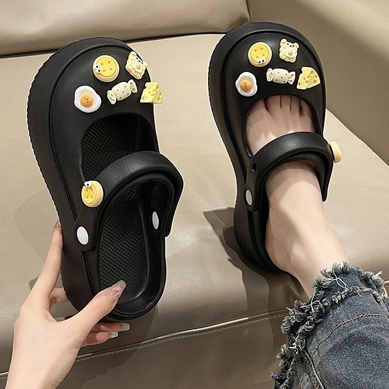 Summer Womens Elevated Beach Clogs Slip-Resistant Couple SandalsMary Jane [black] Egg yolk pie pair Mary Jane [black] Egg yolk pie pair 