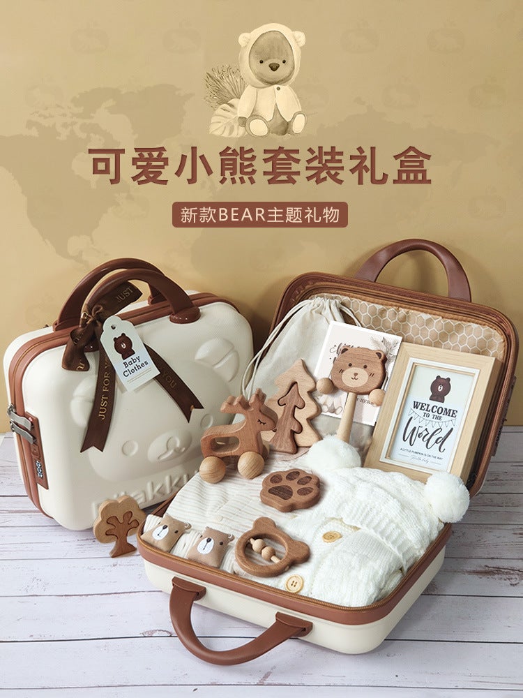 Baby Gift Box Suit Baby Bear Suit Wooden Toy Organic Cotton Suitcase Spring Autumn Winter Gift - Image 2