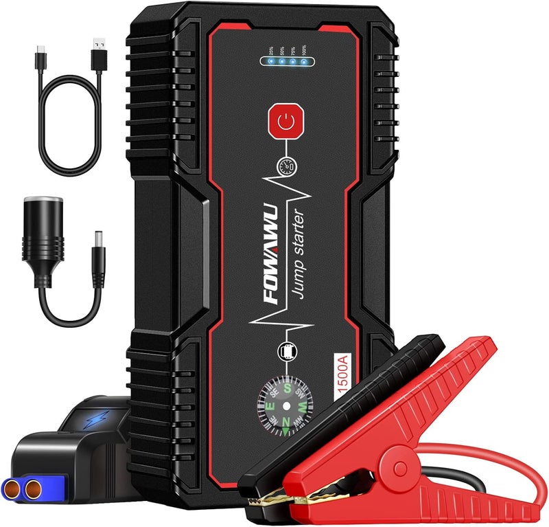 فواوو جهاز تشغيل السيارة FOWAWU 18000mAH 1500A، حزمة بطارية تشغيل مقاومة للماء (7.0L بنزين، 5.5L ديزل)، جهاز تشغيل بطارية محمول مع USB/DC 12V/ضوء LED - Image 1