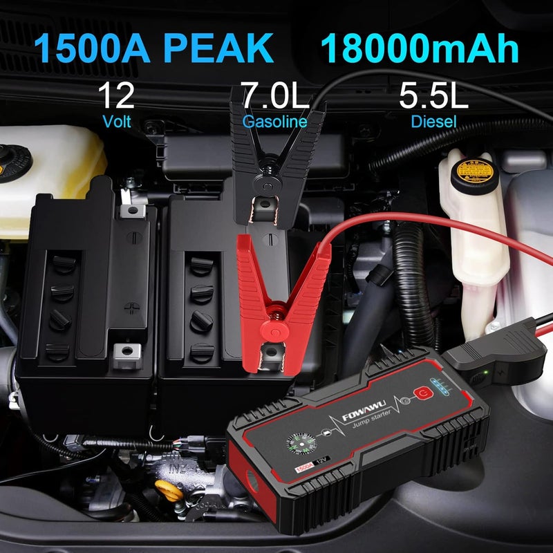 فواوو جهاز تشغيل السيارة FOWAWU 18000mAH 1500A، حزمة بطارية تشغيل مقاومة للماء (7.0L بنزين، 5.5L ديزل)، جهاز تشغيل بطارية محمول مع USB/DC 12V/ضوء LED - Image 2