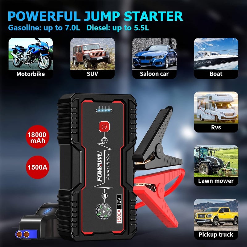 فواوو جهاز تشغيل السيارة FOWAWU 18000mAH 1500A، حزمة بطارية تشغيل مقاومة للماء (7.0L بنزين، 5.5L ديزل)، جهاز تشغيل بطارية محمول مع USB/DC 12V/ضوء LED - Image 5