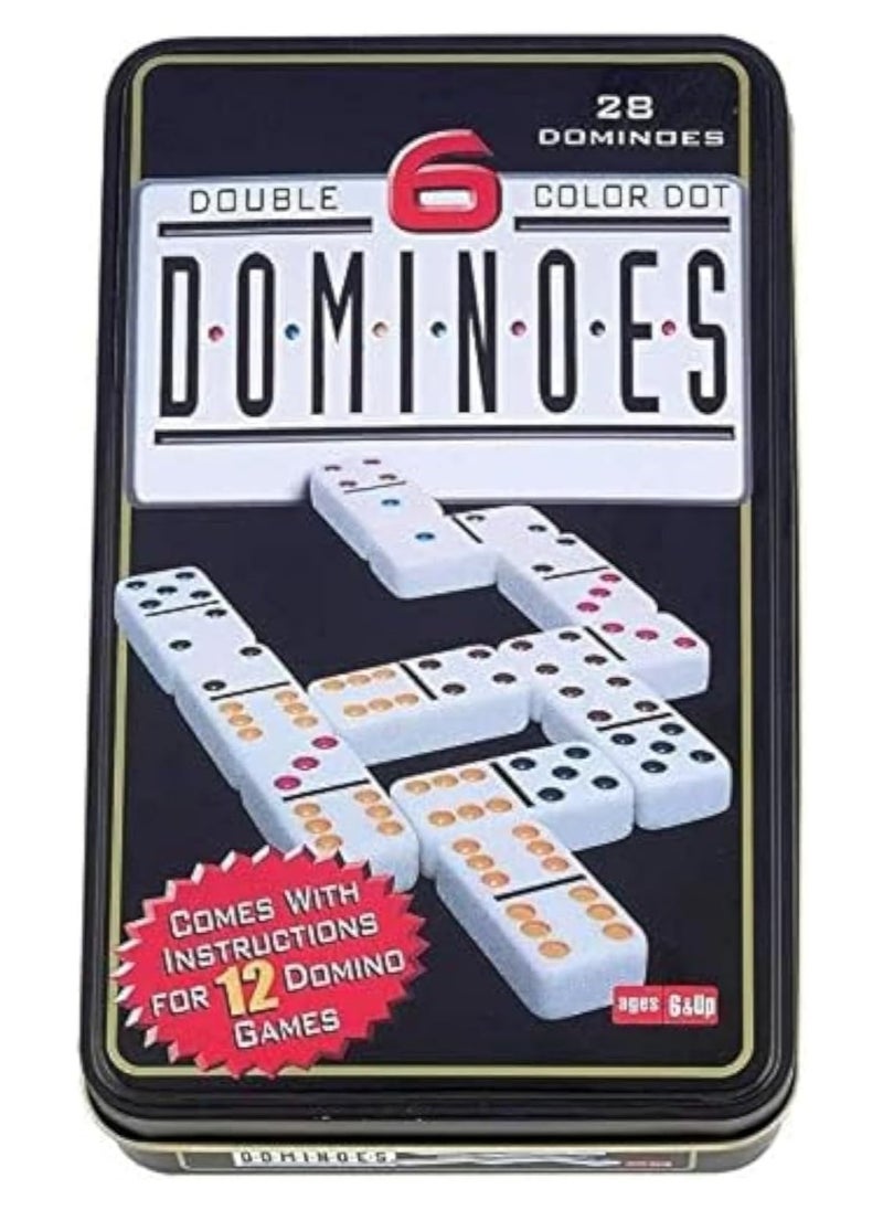 Dominoes - White Dominos with Color Dot Double Six Domino Game Set in Custom Tin Box for Table Entertainment Games Size: 19X11CM - Image 1