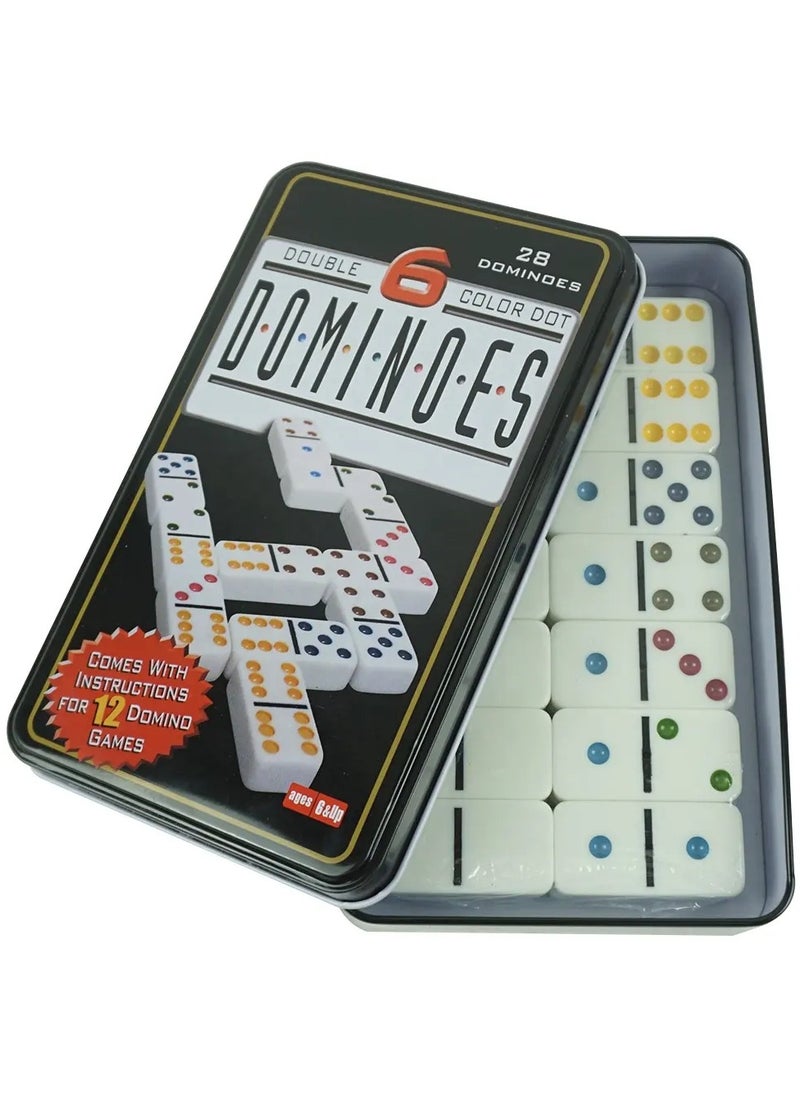 Dominoes - White Dominos with Color Dot Double Six Domino Game Set in Custom Tin Box for Table Entertainment Games Size: 19X11CM - Image 1