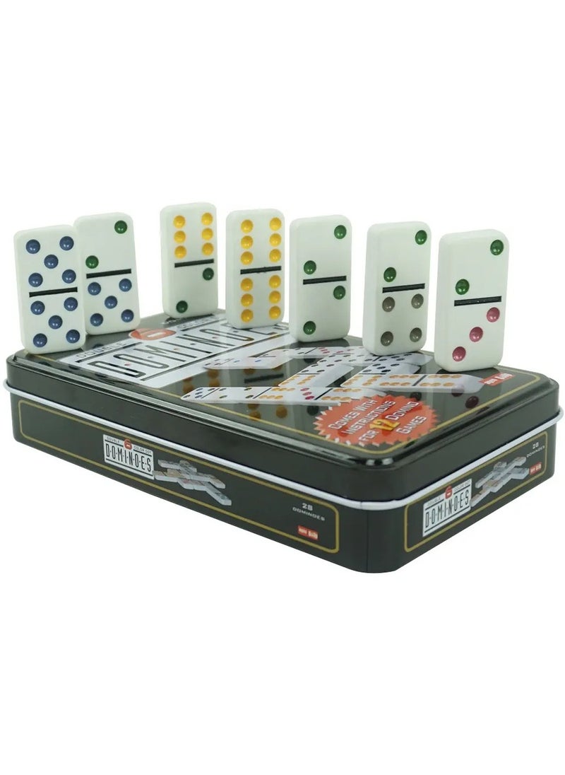 Dominoes - White Dominos with Color Dot Double Six Domino Game Set in Custom Tin Box for Table Entertainment Games Size: 19X11CM - Image 1