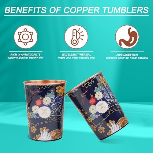 MERCAPE® 100% Pure Copper Glasses Set of 2 | Designer Meena Print | 300ml Each | Ayurvedic Benefits | Handmade Copper Tumblers for Daily Use & Gifting (Multiple Designs) (Pastel Floral Design) - Image 2